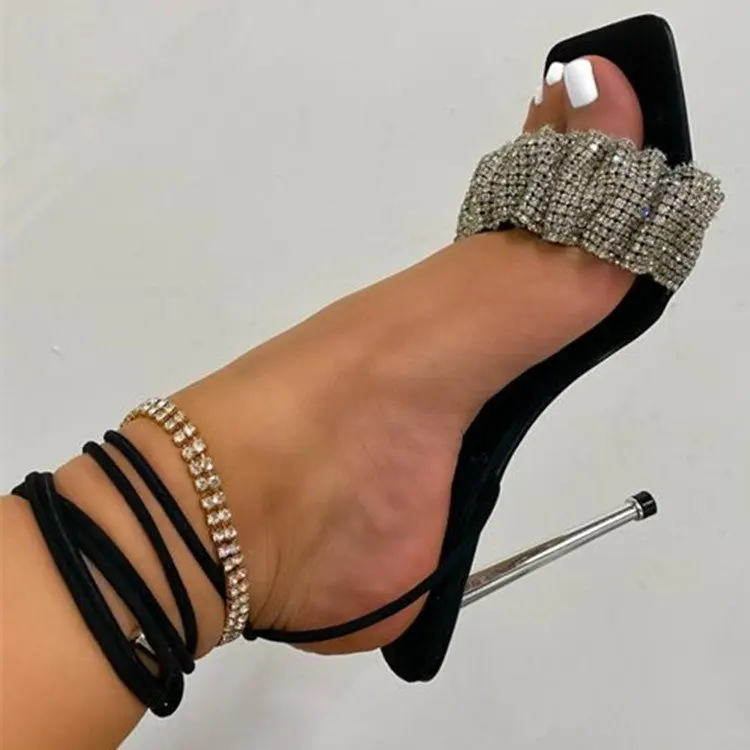 

2021new design rhinestones ankle strap stiletto high heels sandals