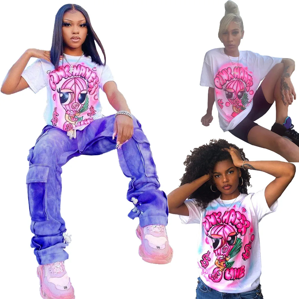 

2021 New Arrivals Summer Cartoon print oversized T-shirt Girl's loose pullover O-neck short sleeve tshirts streetwear