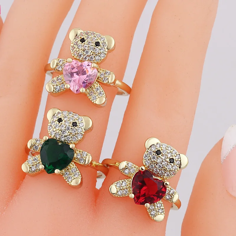 

2021 New Arrivals Cute Jewelry Large Crystal Heart Shaped Animal Band Ring Glitter Bling Cubic Zirconia Bear Finger Rings