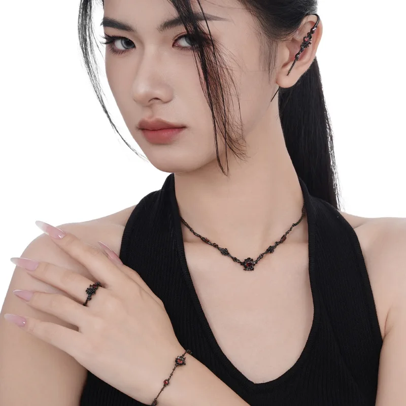 925 Sterling Silver Deep Red Zircon Black Rose Ring Bracelet Necklace Earring Set Jewelry Black Gold Plated for Women Jewelry