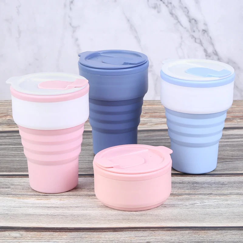 

Wholesale Bpa Free Portable Foldable Eco Friendly Collapsible 375ml Travel Coffee Mug Silicone Coffee Cup With Lid, Quartz pink,pastel blue or customize
