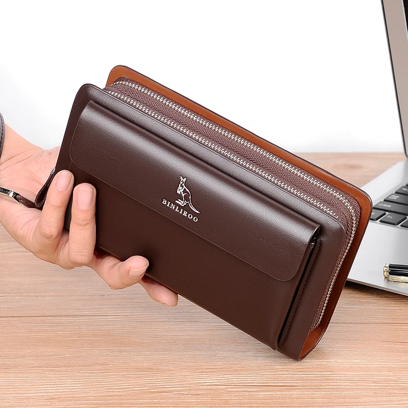 

Men's Leather Double Zipper large capacity wallet card bag, atmospheric flap handbag, black daily Brown high-grade, Black,brown