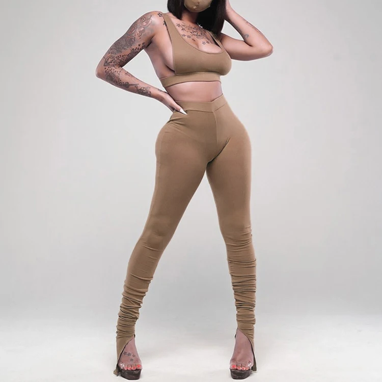

Hot Sale Sleeveless Solid Backless Bra Top Cut Out Stacked Leggings 2 Pieces Set Solid Autumn Winter Women Tracksuit