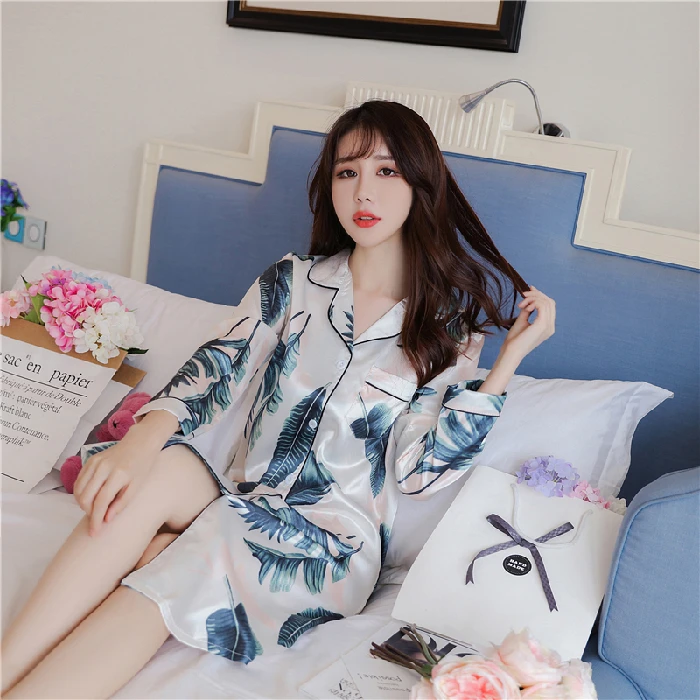 

Ice Silk Sleepwear Women Long Sleeve Cardigan Cartoon Nightgown Loose Large Size Spring Home Dress, White/blue