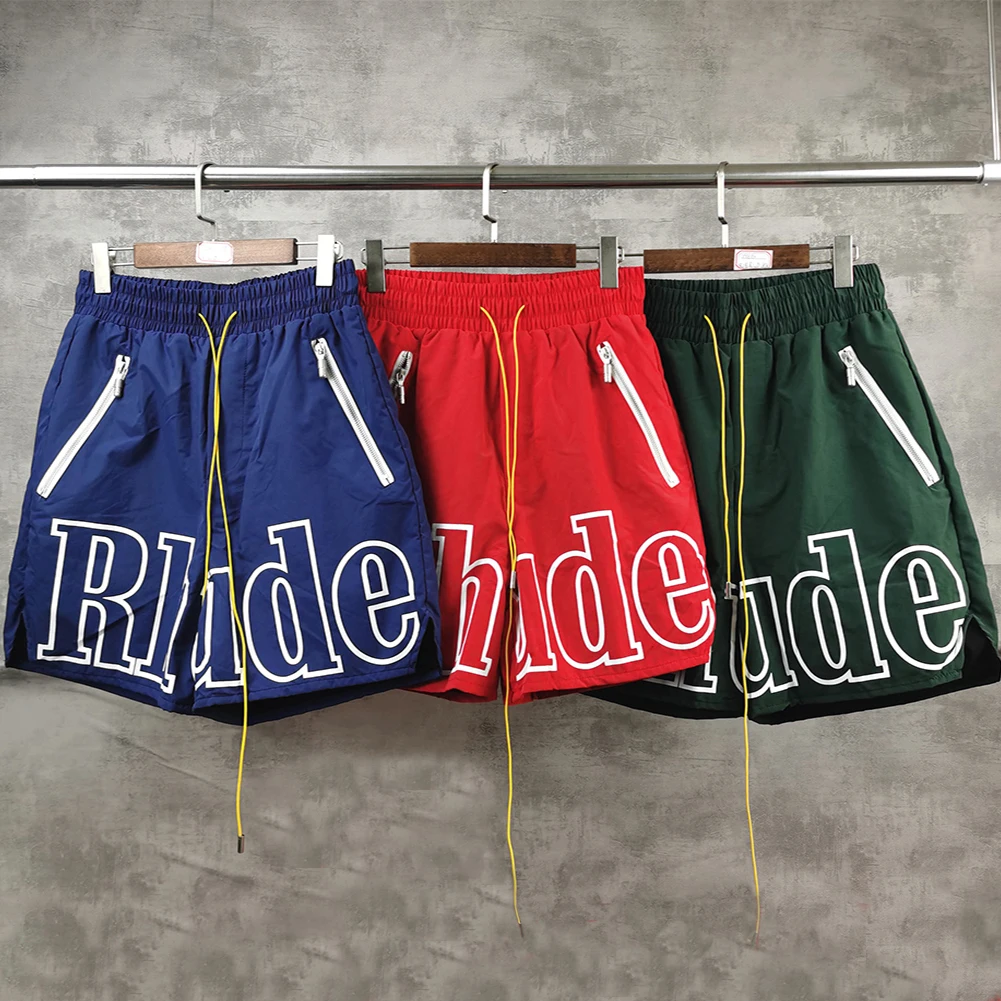 

2021 Summer Rhude Shorts Grey 3M Reflective-Coated Pill Zip Pants Pull Rope Sports Boxing Men's Men's Elastic Waist Shorts, Picture shown