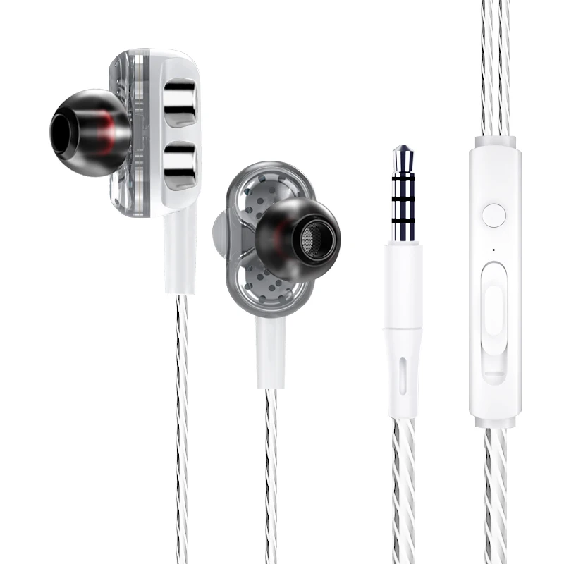 

Double Drive In Ear Earphone Bass Subwoofer Stereo Wired Earphones Microphone Sport Running Earbuds, White/black