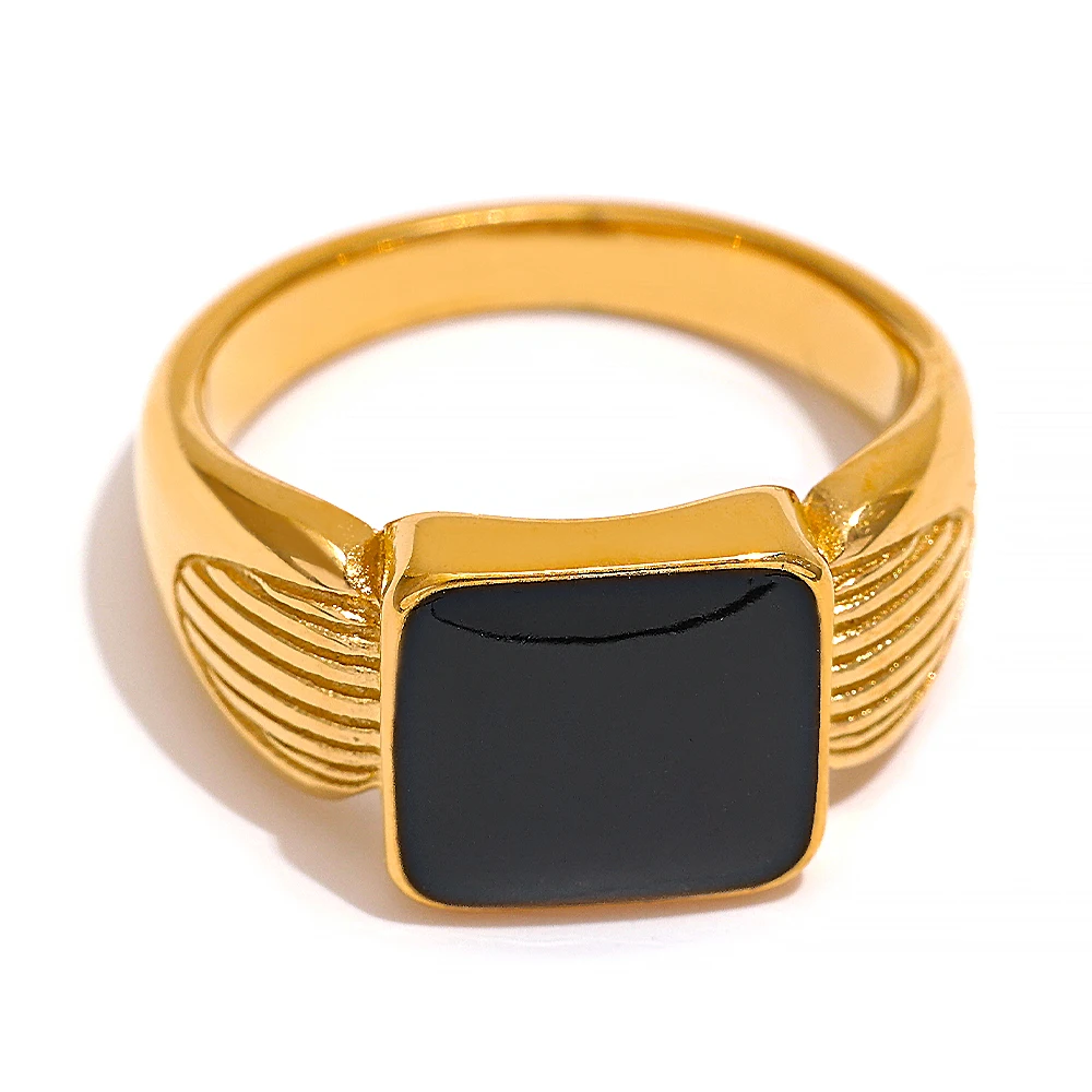 

JINYOU 066 New 18K PVD Gold Plated Exquisite Stylish Jewelry 316 Stainless Steel Black Enamel Waterproof Ring for Women 2022