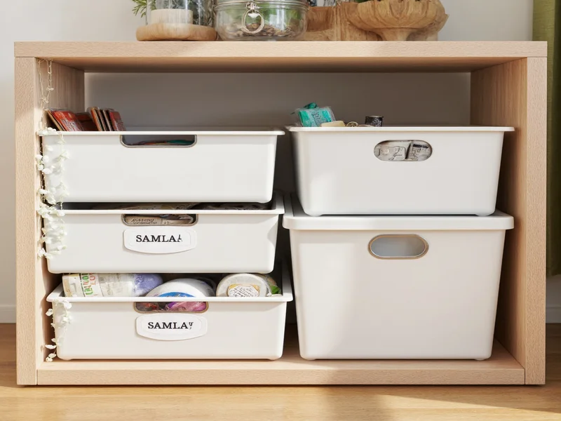 Labeled SAMLA boxes with craft supplies in KALLAX unit