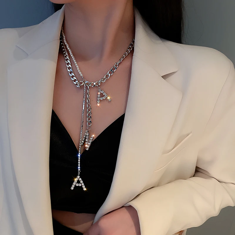 

fashion trendy splicing pearl chain letter pendant necklace