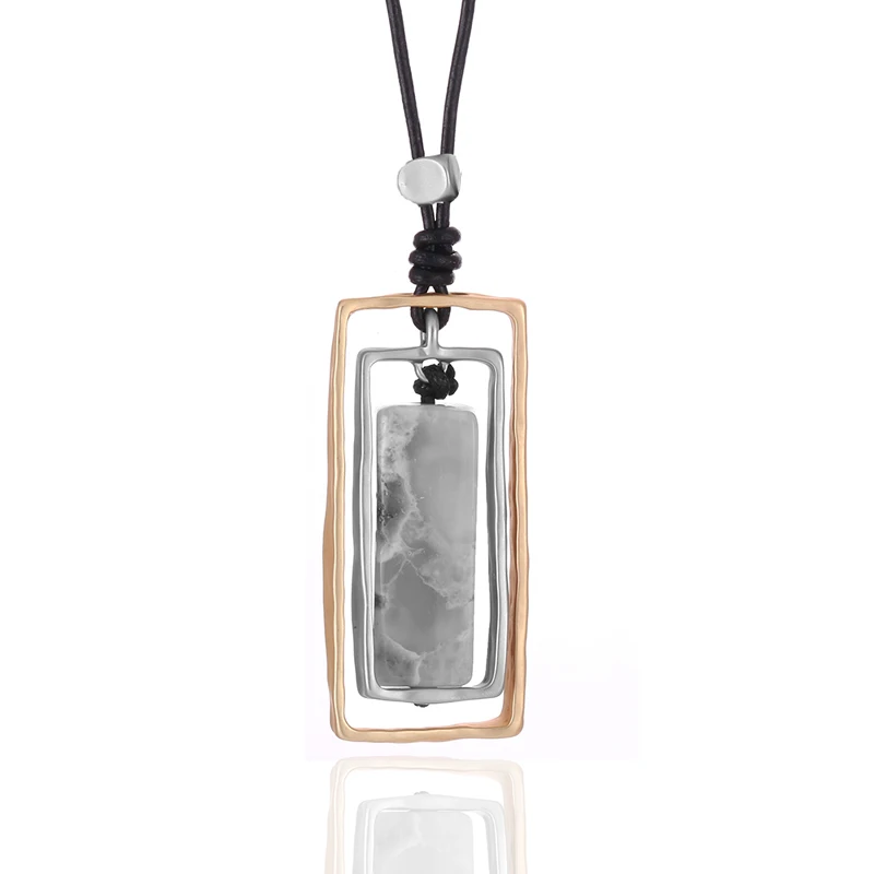

Modern Fashion Double Hollow Rectangular Agate Black Leather Cord