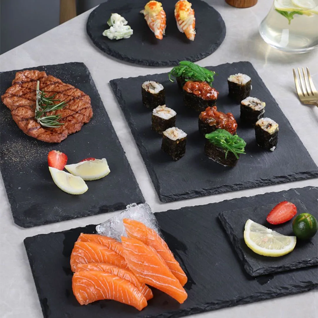 

Rectangle Square Natural Rock Stone Serving Sushi Steak Restaurant Dinner Dishes Plate Black Tray Slate Cheese Platter Board