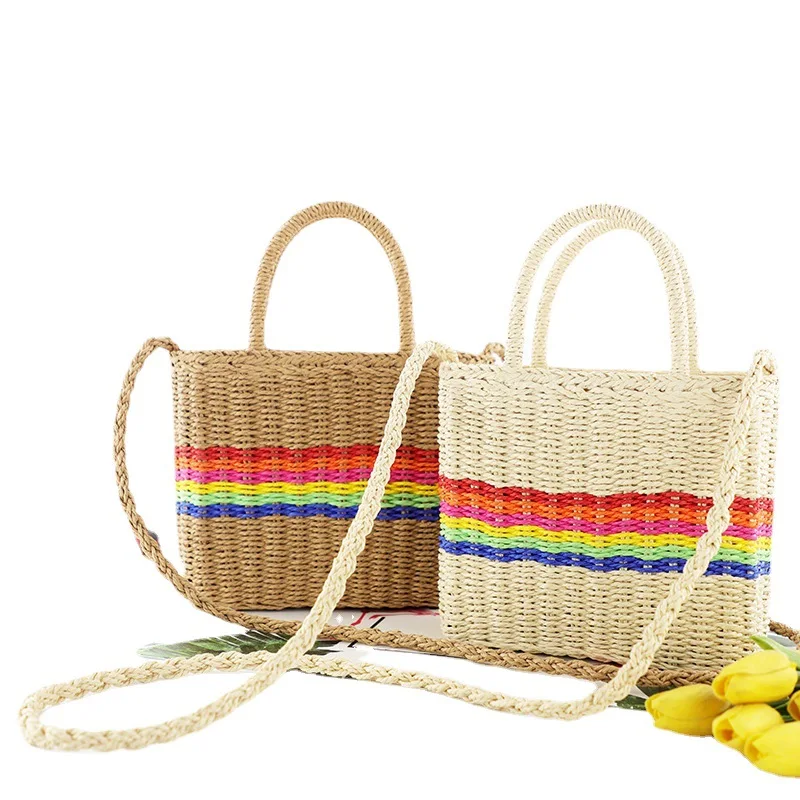 

Handmade Summer Fashion Knitted Beach Stripe Totes Large Multicolor Colors Straw Crossbody Hand Bag