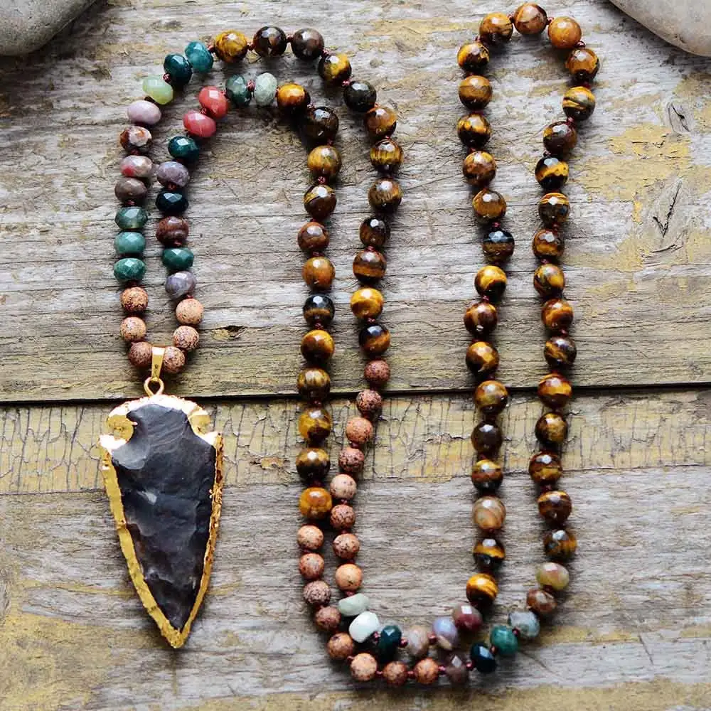 

Tiger Eye Beaded Necklaces for Men Jewelry Sweater Chain Natural Stone Obsidian Arrow Pendant Onyx Necklace Jewelry
