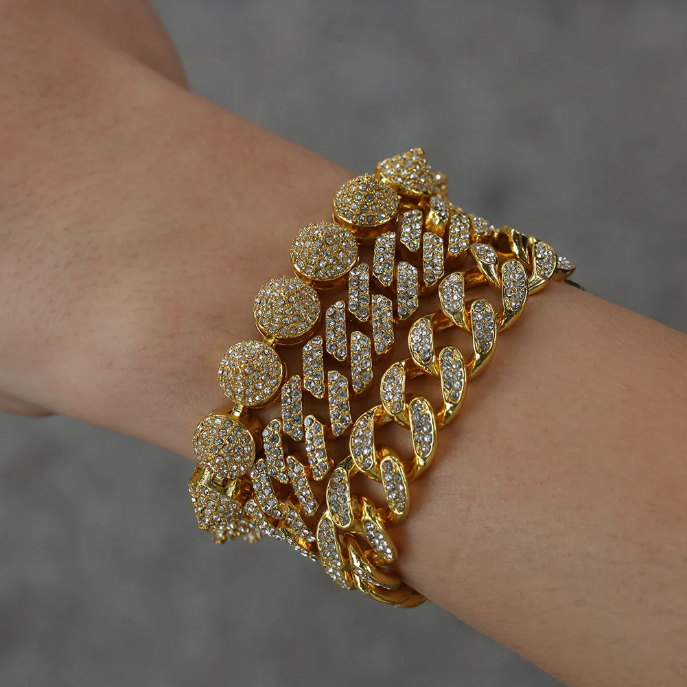 

12mm Hot Selling Hip Hop Men's Cuban Chain Bracelet Gold Plated Pave Full Cubic Zirconia Cuban Link Chain Bracelet, Gold/silver