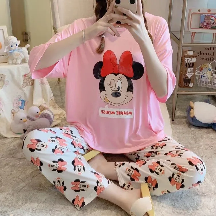 

New Soft Cute Summer Woman Girl Fashion Style Casual Style Ladies Pajamas For Woman Clothes Crew Neck Cartoon Printing, As show