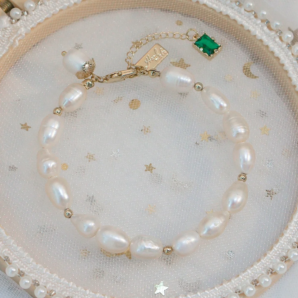 

14K Gold Plated Green Zircon Stone Charm Elegant Natural Freshwater Pearl Bracelet
