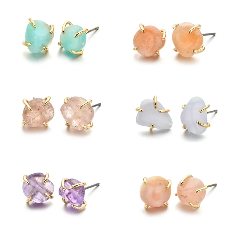 

Boho Minimalist 14k Gold Irregular Gemstone Raw Crystal Quartz Natural Stone Stud Earrings