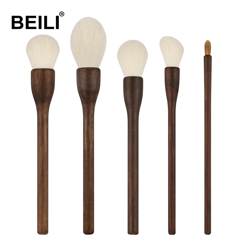 

BEILI professional 5pcs wood makeup brushes set Goat Hair Weasel Hair powder brush walnut handle brush custom logo wholesale