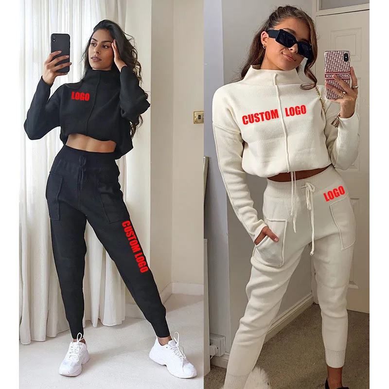 

Free Shipping fall women clothing two piece set women clothing trousers set Crop top pullover two-piece set, Customized color