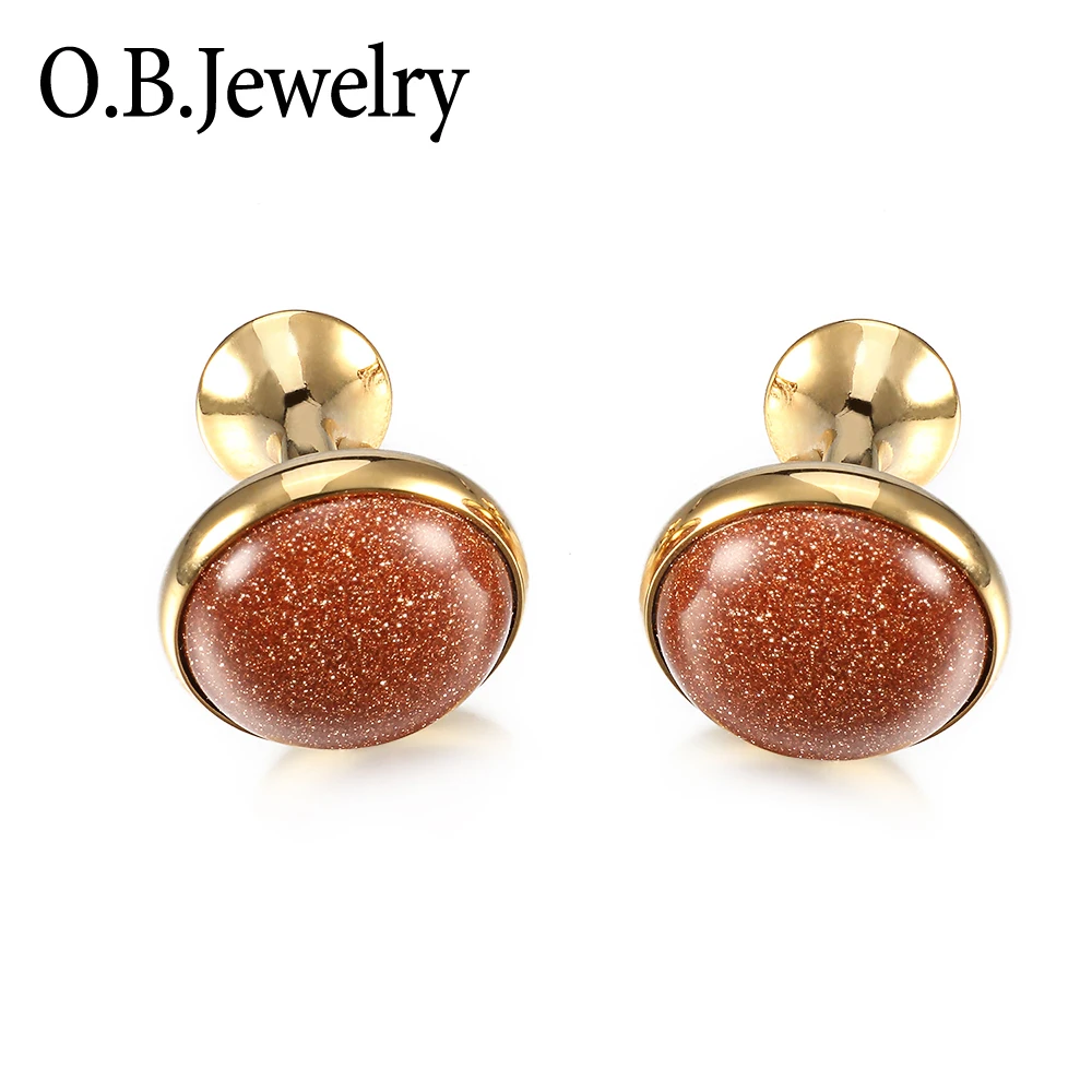 

Classic OB Mens Jewelry 18K Real Gold Plated Cuff Links Gold Sand Stone Cufflinks For Men's Shirt Free Shipping Cuff links