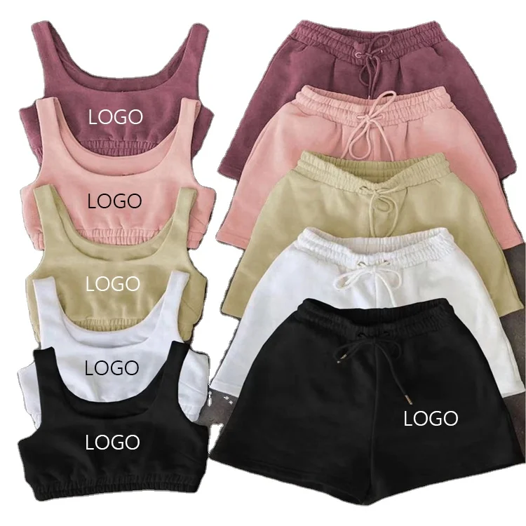 

Custom Logo 2022 Summer Short Sports Crop Top Bra Drawstring Yoga Short Two Piece Jogger Tracksuit Sweatsuit Women Sets, Customized color
