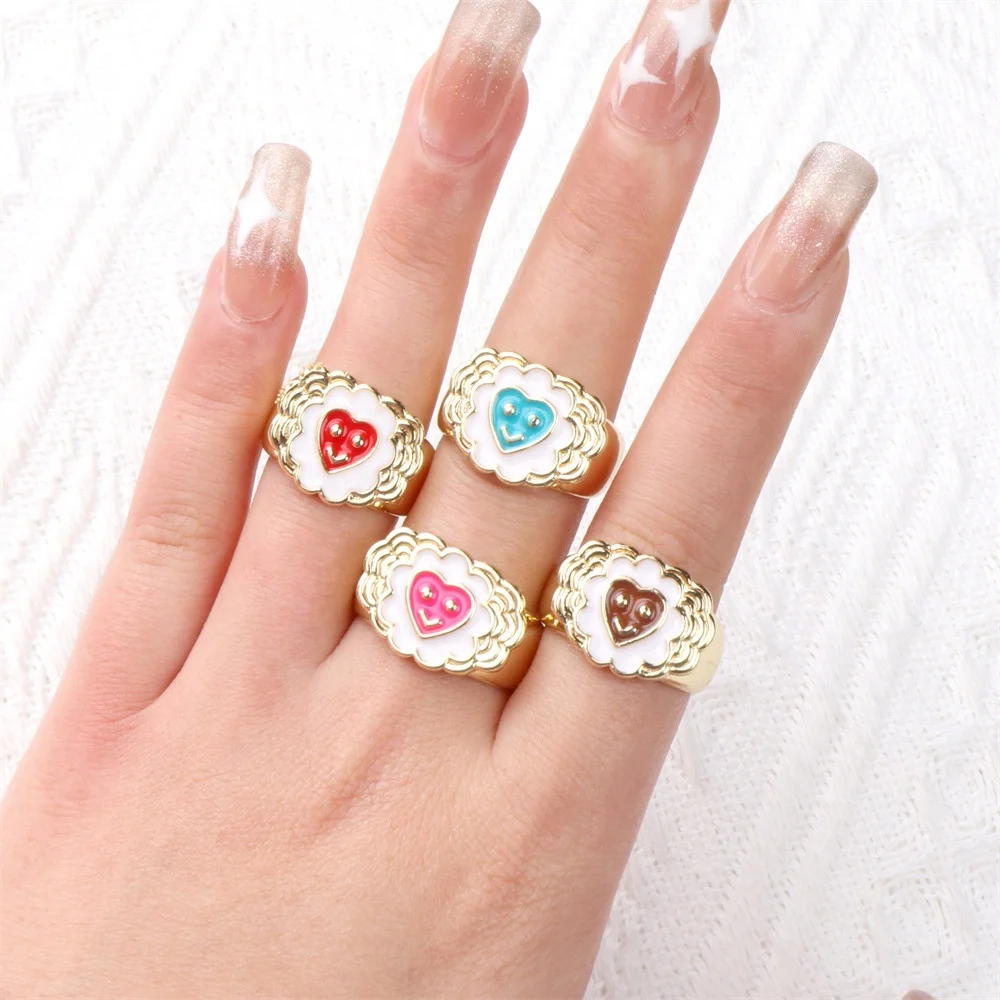 

Trendy 18k gold plated chunky heart smile face enamel open adjustable index finger band rings y2k jewelry women