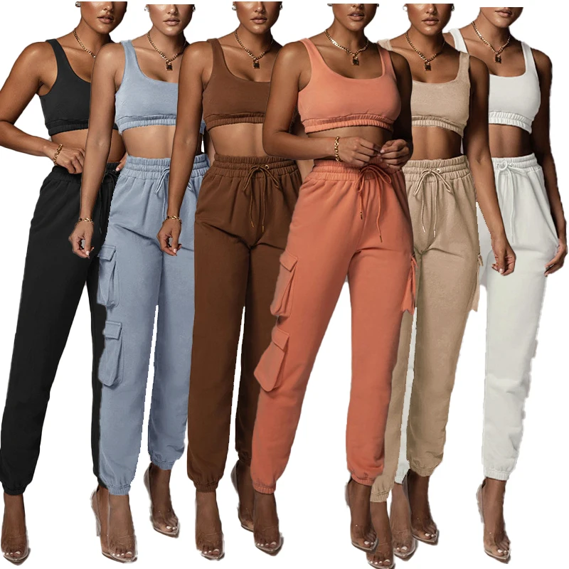 

8 colors 2 piece set casual sports sweat suit three-dimensional pocket lace up drawstring women's trousers jogger pants women, Customized colors