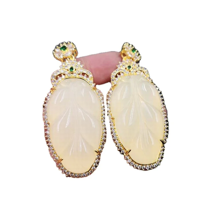 

925 Bright Gold Inlaid Ice White Chalcedony Leaf Pendant White Agate Large Leaf Pendant