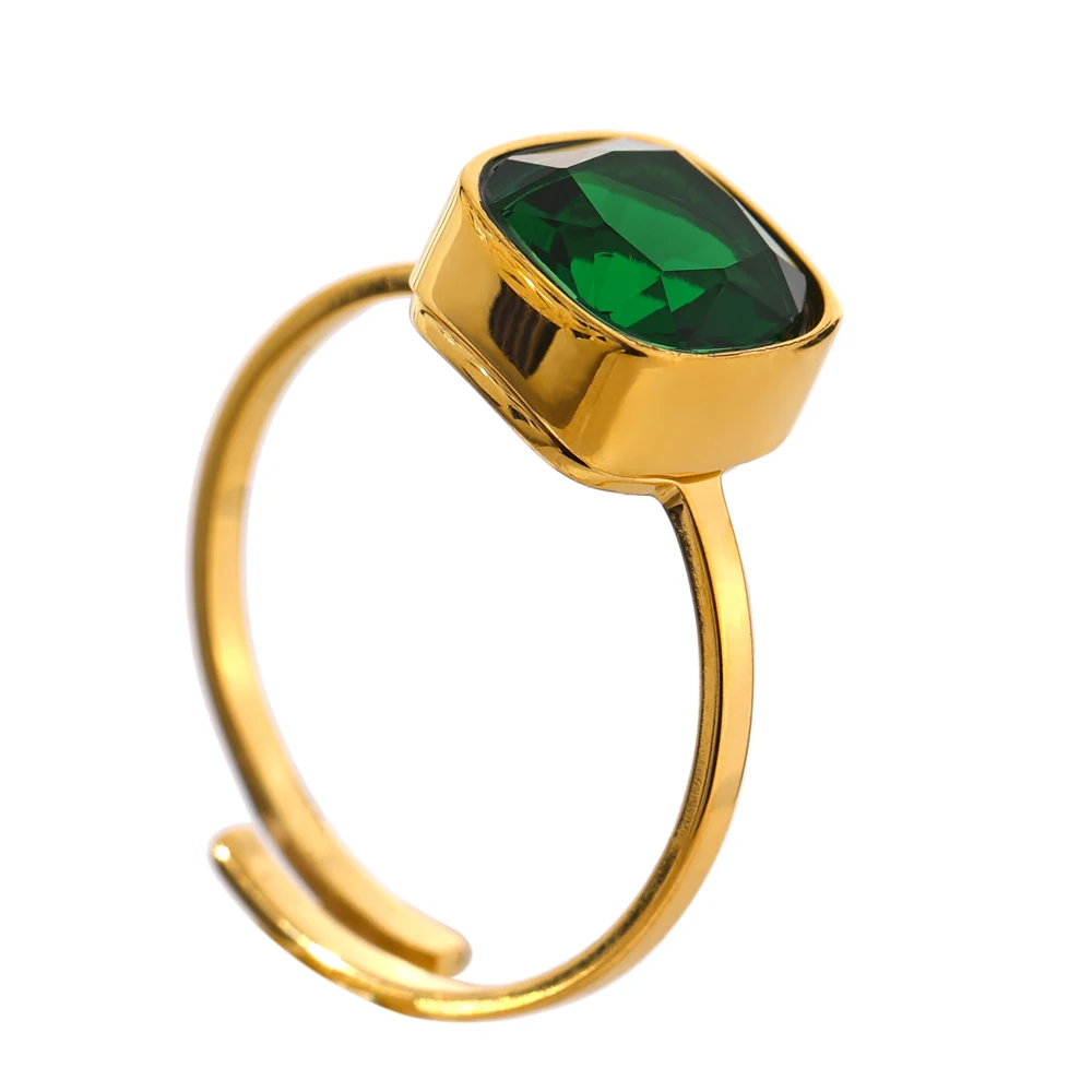 

JINYOU 1836 18K Gold Plated Trendy Green Zircon Resizable Ring Stainless Steel Women Fashion Jewelry