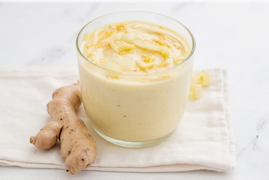 Three glasses of ginger smoothie with different variations and fresh garnishes