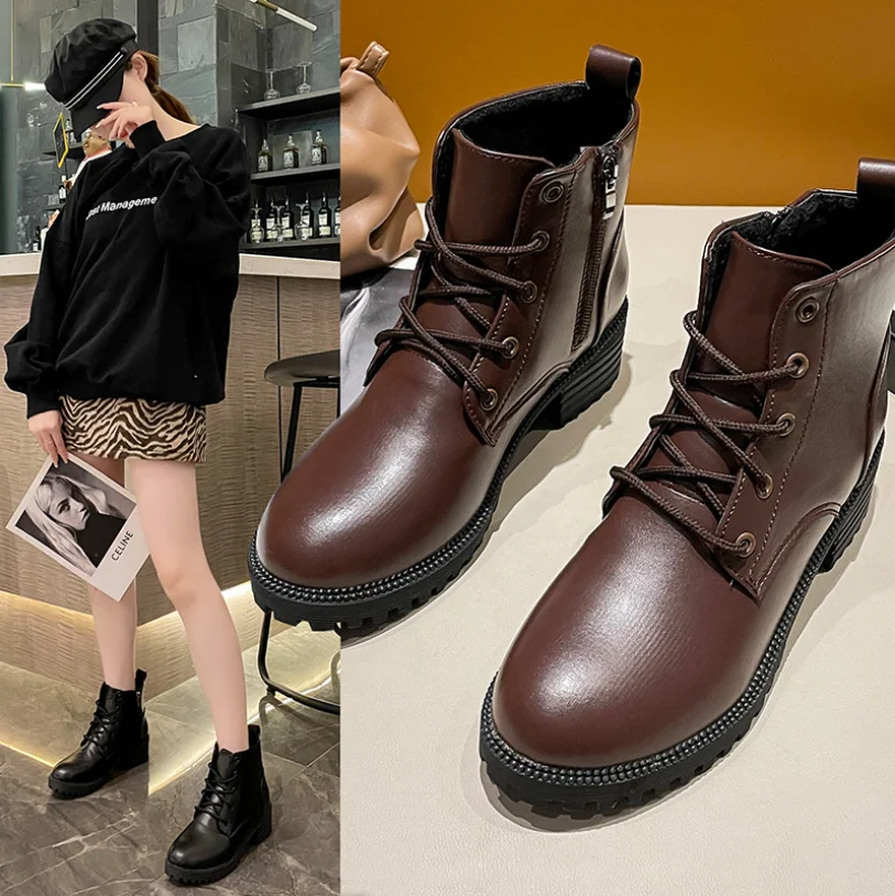 

Chinese Factory New Fall Winter Plus Size Thick Heel Women Brown Military Boots Women's Fashion Short Boots, As pictures