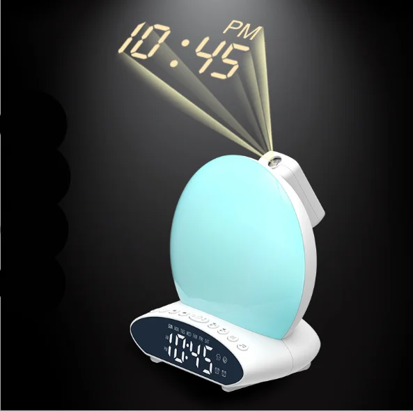 

multifunctional LED sunrise sunset wake up light FM radio digital projector colorful light musical snooze alarm clock for kids, As the pic