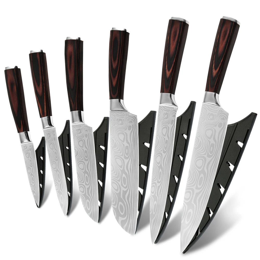 

German 7Cr17mov high carbon Stainless steel Damascus pattern Japanese kitchen knives professional kitchen knife set with sheath