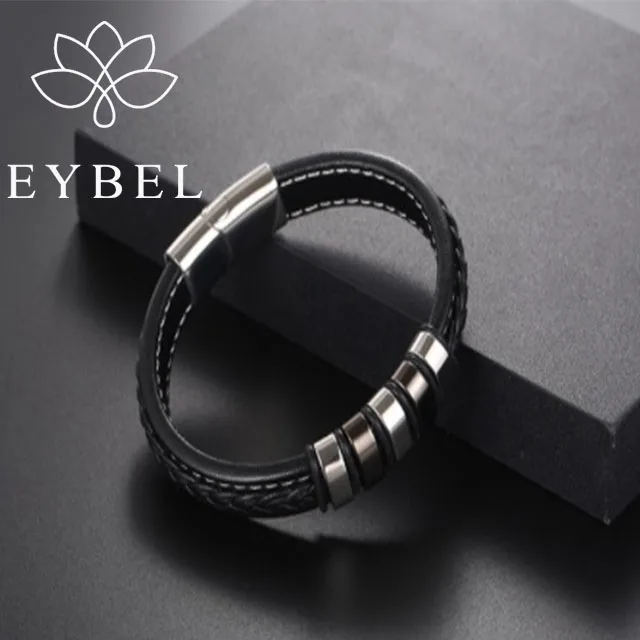 

Fashion Gift Magnetic Jewelry Clasp Woven Braided Titanium steel Dermal Leather Men Bangles stainless steel bracelet, Black