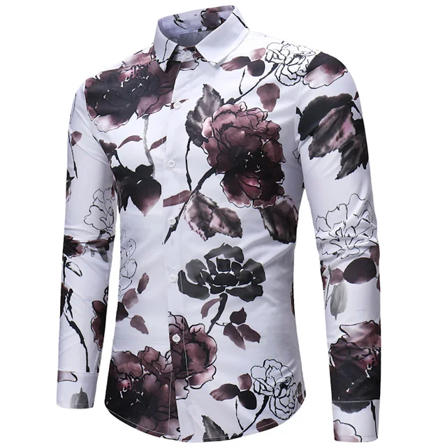 
fashion new design men spring long sleeve tops floral print business formal polyester cotton dress shirts 