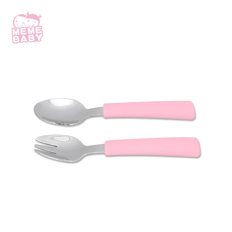 

BPA Free Food Grade High Resistance Baby Feeding A Set Of Spoon and Fork with Silicone Handle