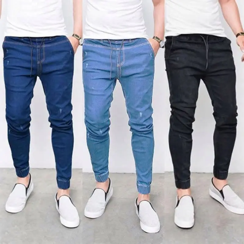 Wholesale custom New men elastic denim solid color outdoor jeans tight pencil long pants men casual trousers casual slim jeans