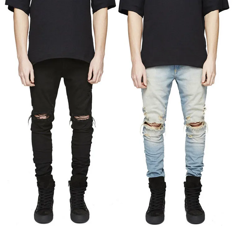

China Factory Wholesale Mens Ripped Distressed Track Jeans Pants, Blue /black