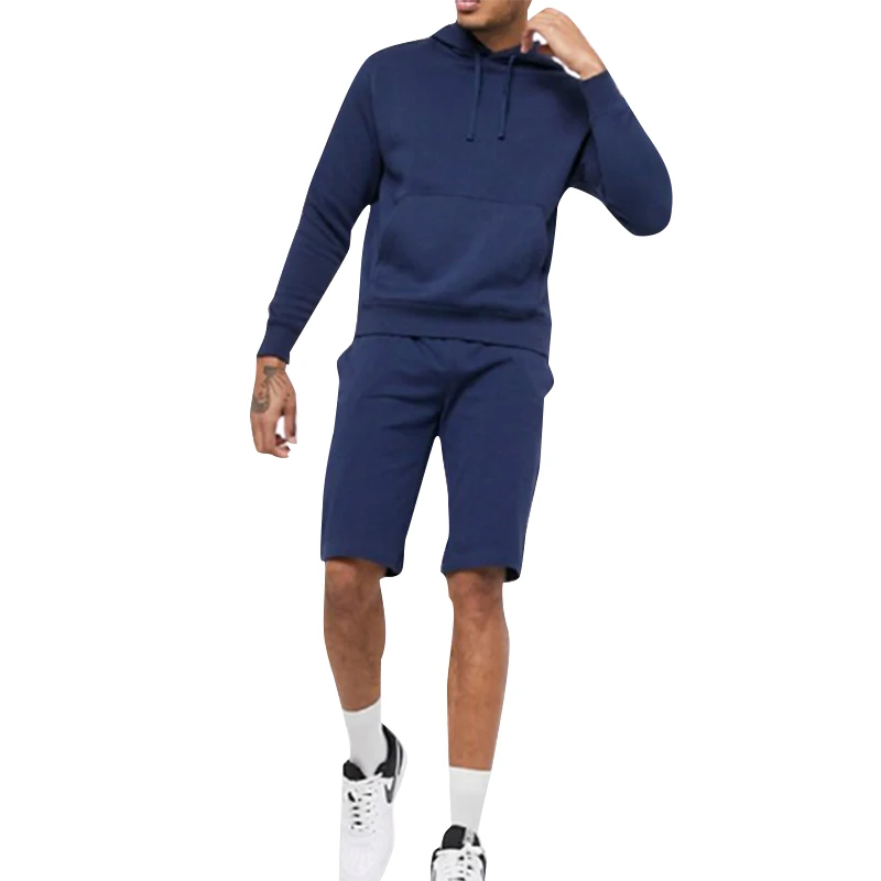 

2021 brand solid men clothing two piece joggers suits set 100% cotton sports logo hoodies sweatshirts shorts set tracksuit, Navy or oem
