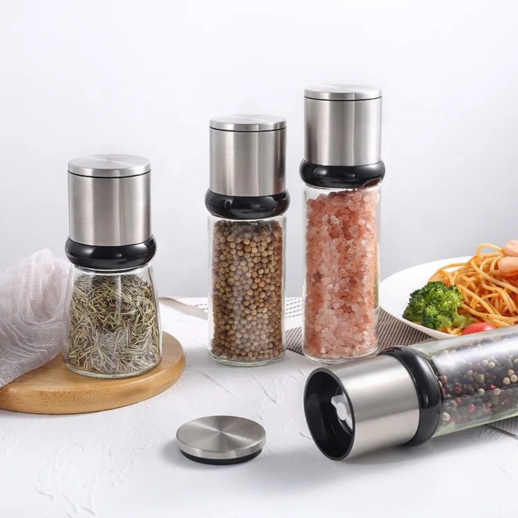 

2021 New Kitchen Untensils Amazon Top Seller 140ml 304 Stainless Steel Salt and Pepper Spice Grinder with Glass Bottle