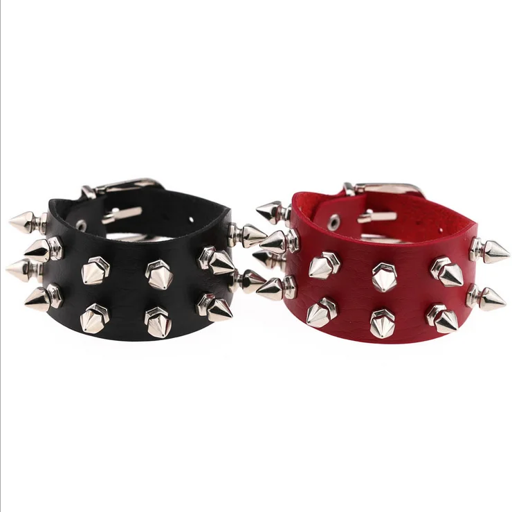 

Punk Rock Leather Bracelets Unisex Metal Cone Stud Spikes Rivet PU Leather Biker Wristband Cuff Bangles For Women Men