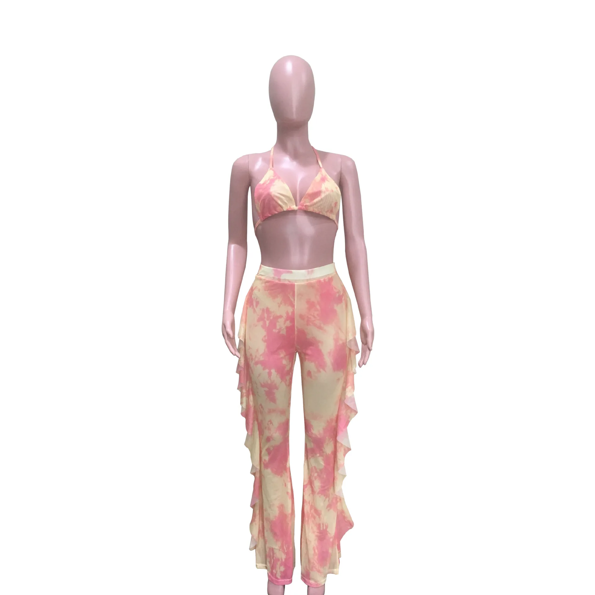 

Factory Price Mature Women's Digital Print Transparent Mesh 3 Piece Bikini Set swimsuit set