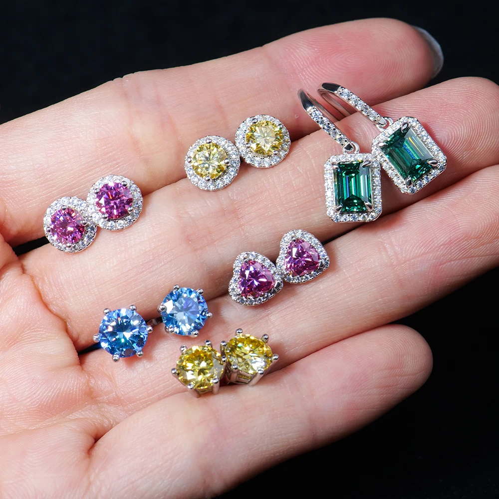 Bulk Wholesale Jewelry Ladies Small Moissanite Diamond Colorful Flower Heart 925 Sterling Silver Studs Earrings for Women