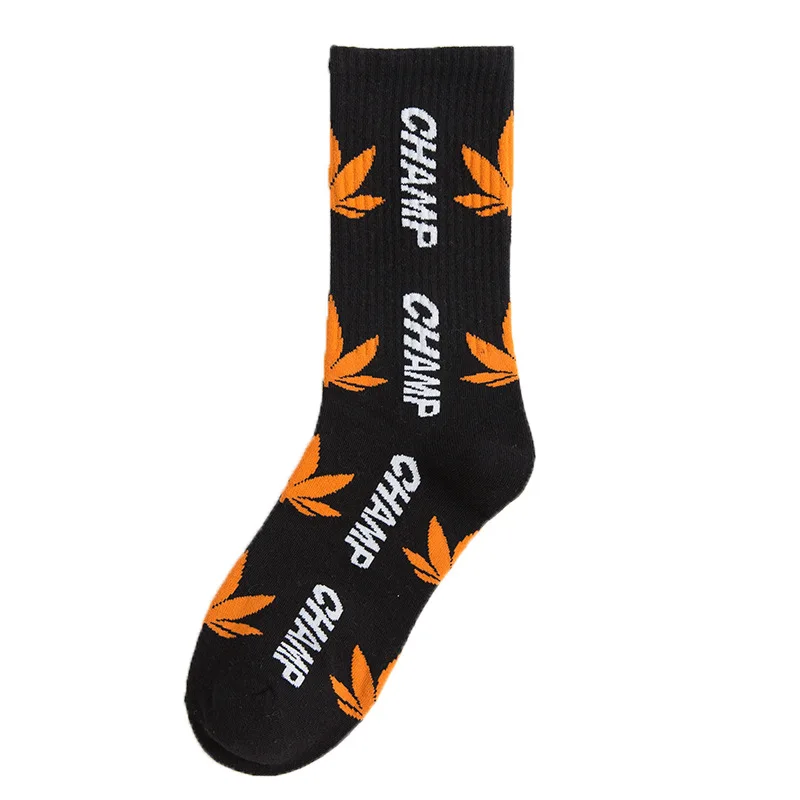 

Top selling funny fashion hip hop style custom logo Maple Leaf weed pattern cotton unisex men sport tube sock