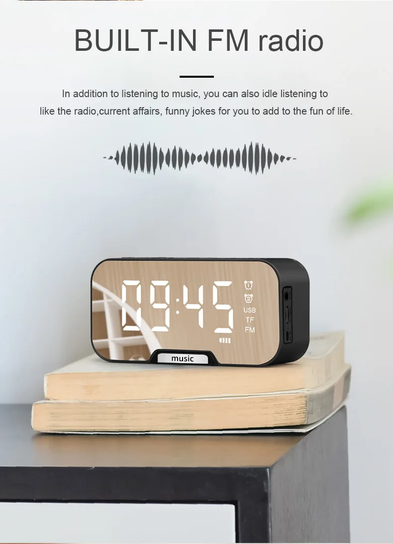 Wireless Speaker LED Mirror Alarm Clock Multi Function Digital Alarm Clock FM Radio Speaker Music Player Alarm Mode - ANKUX.COM