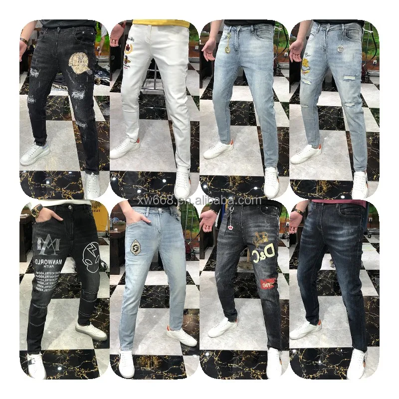 

2022 Wash Work Rhinestones Denim High Waisted Skinny Distressed Boyfriend Pants Men's Jeans, Customized color