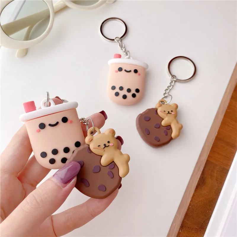 

3D Cute Cartoon Milk Tea Cookies Soft Silicone Cases For AirTags Pets Anti-Lost Keychain Locator Tracker Protective Cover