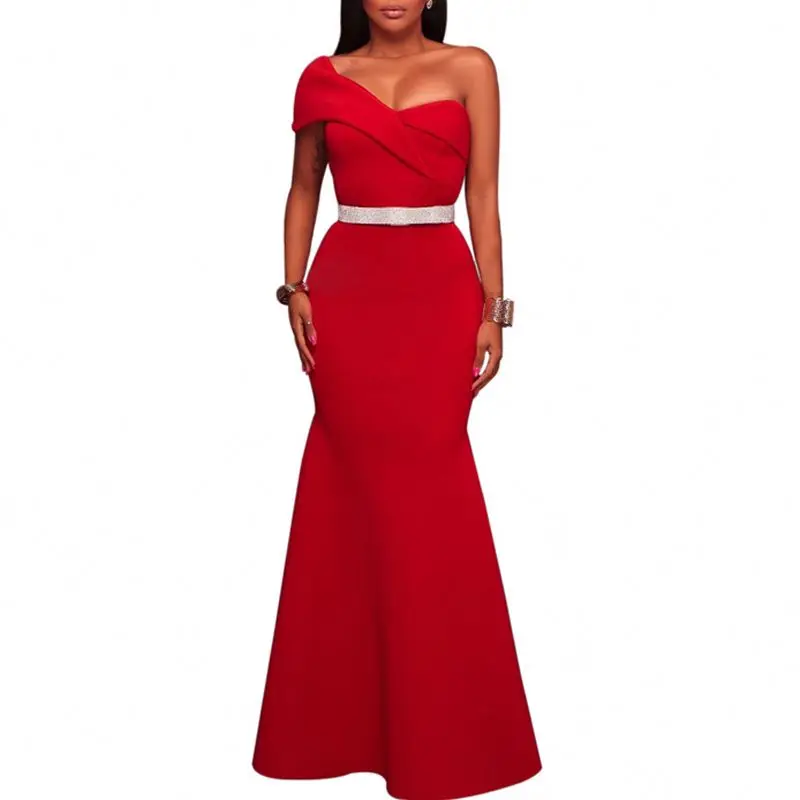 

OEM 2021 Stylish Red Sexy One Shoulder Ponti Gown Women Evening Dress, Customized