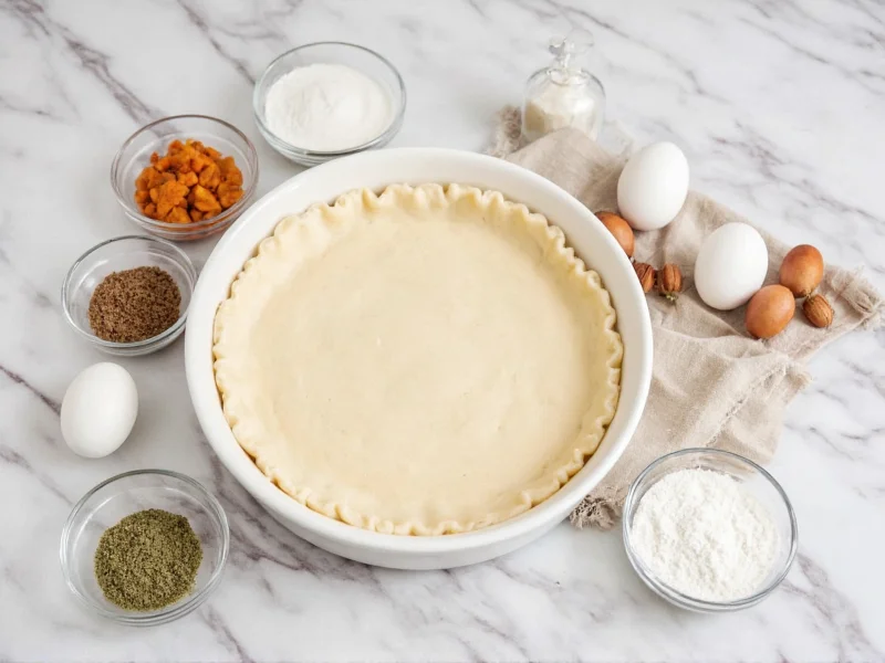 Homemade pie crust ingredients on marble counter