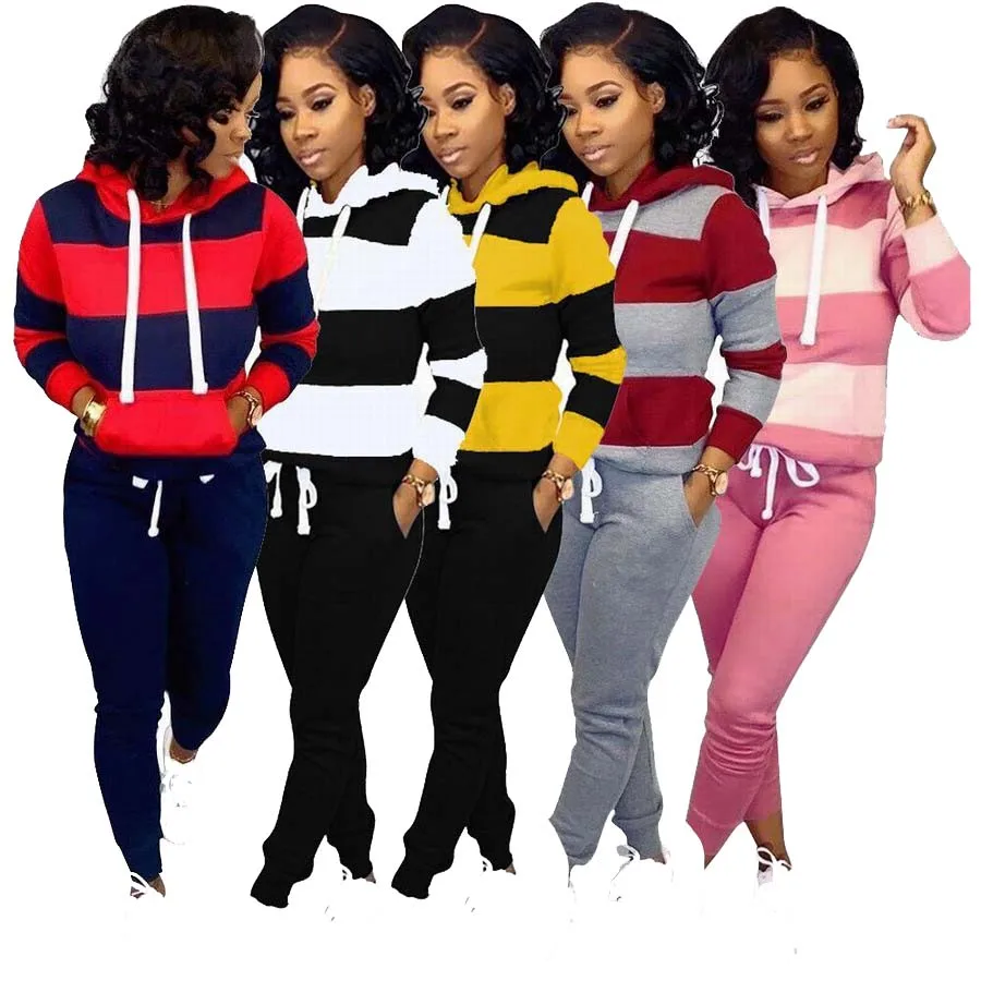 

Wholesale casual outfit Foma X6005 sport striped print hooded sweater and sweatpants trousers fall hoodie set for women, 8 colors